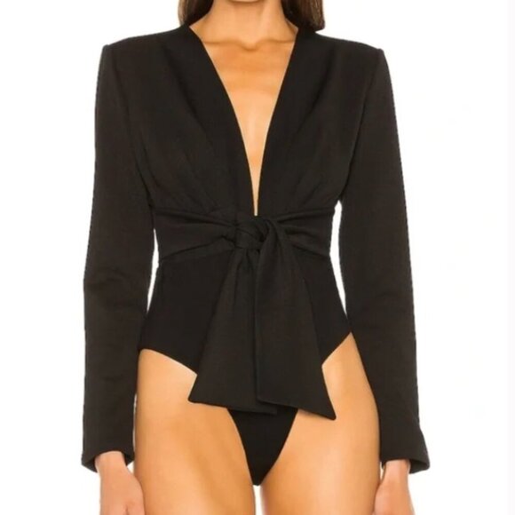 Bardot Anya Bodysuit Black Long Sleeve Knot Waist Deep Plunge Size 8 Medium - Picture 2 of 12
